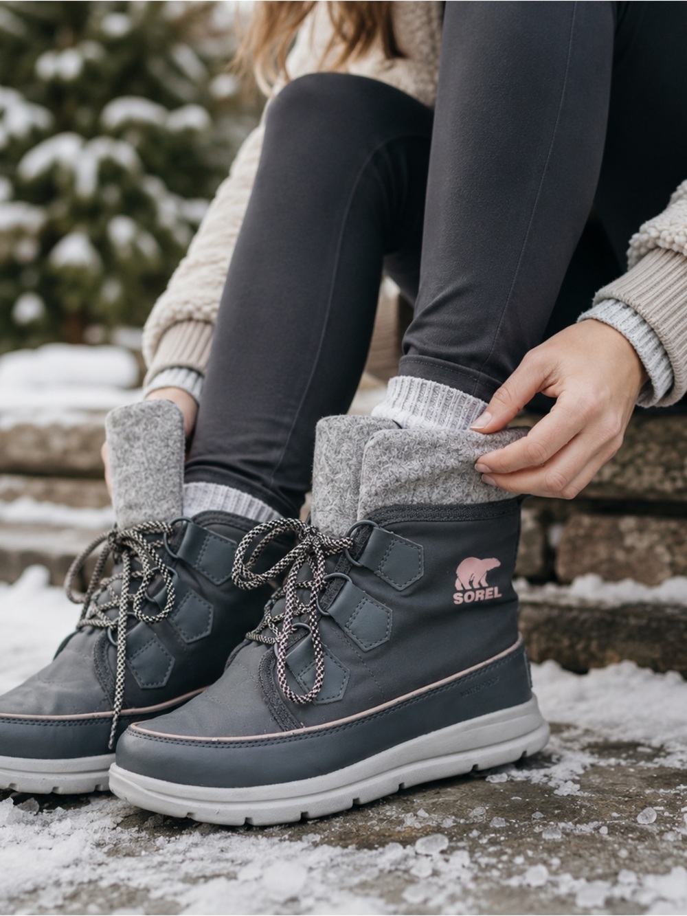Sorel Explorer Carnival Waterproof Snow Boots Gray Pink Women’s 6